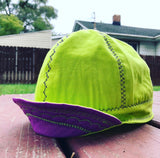 Neon Green Welding Cap with Purple Underbill and Stitching
