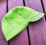 Neon Green Welding Cap with Purple Underbill and Stitching