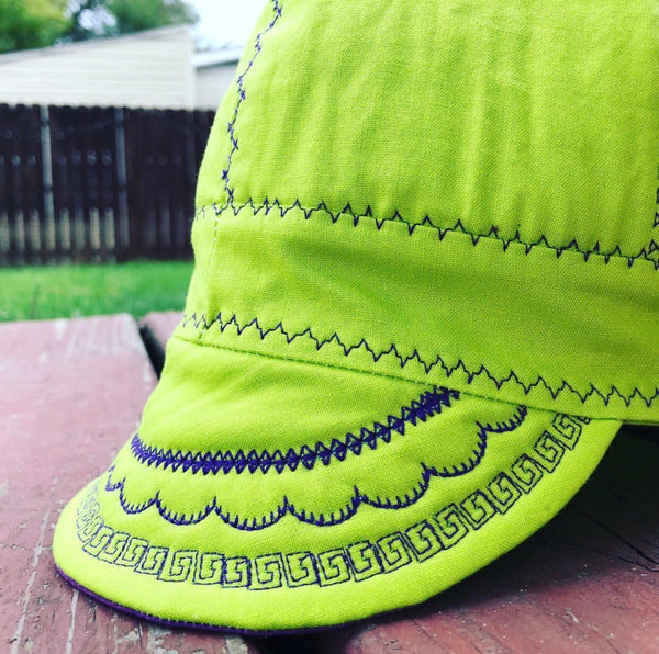 Neon Green Welding Cap with Purple Underbill and Stitching