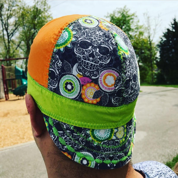 Mandala Skulls and Orange Welding Cap with Neon Green Band