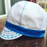 White Welding Cap with Teal Blue Stitching and Band