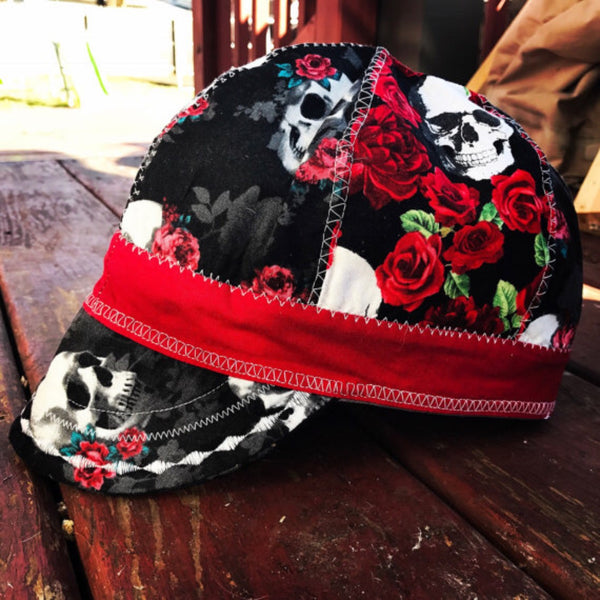 Skulls and Roses Welding Cap in Pink and Red