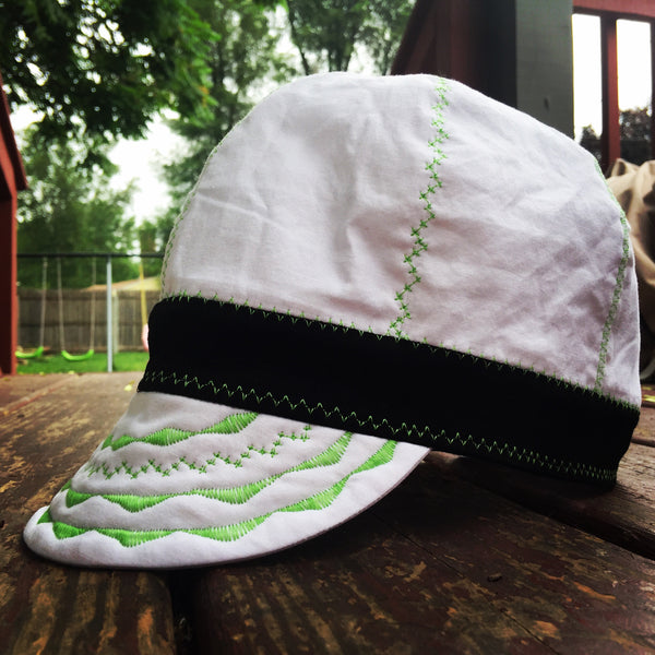 White Welding Cap with Neon Green Stitching and Black Band