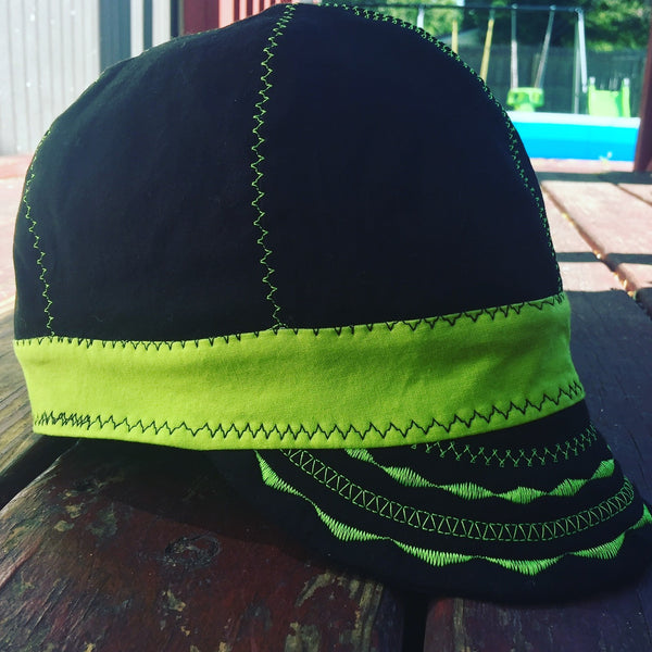 Black Welding Cap with Neon Green Band and Stitching