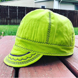 Neon Green Welding Cap with Purple Underbill and Stitching