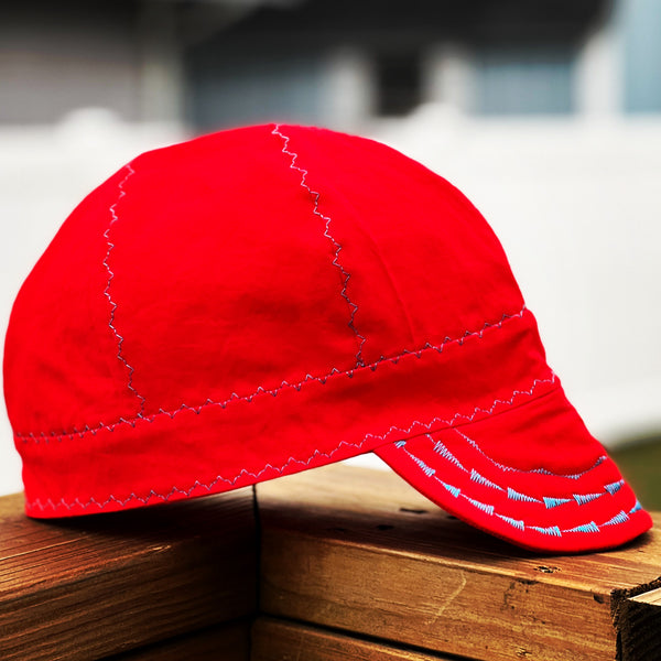 Red with Teal Stitching Welding Cap