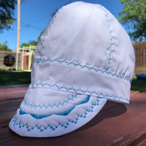 White With Teal Stitching Welding Cap